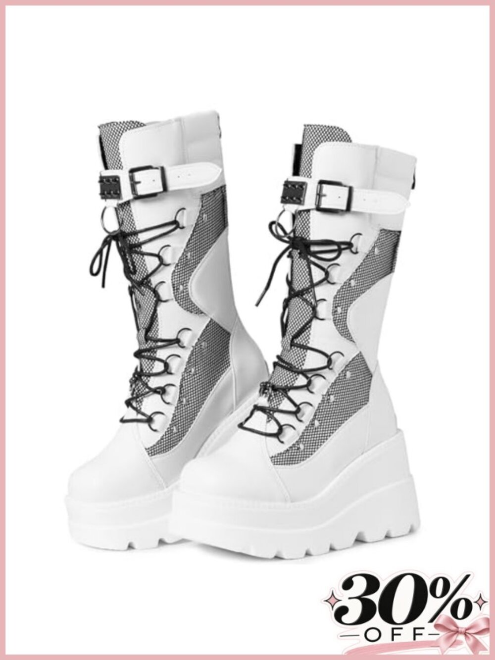 Platform Mid Calf Boots PU Leather Faux Suede Round Toe Goth Rave